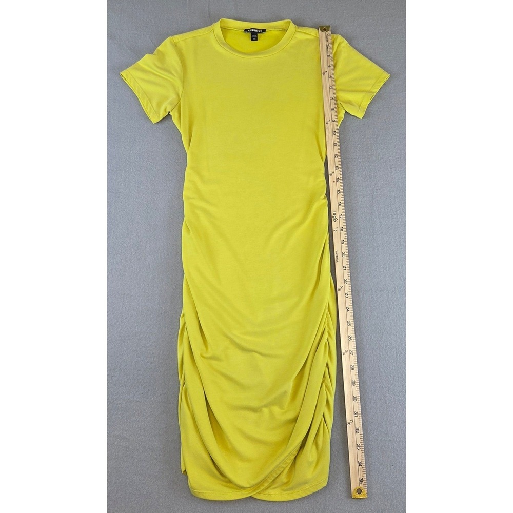 Express T-Shirt Dress XXS Crew Neck Chartreuse Neon Yellow Ruched Beach Bodycon - Picture 4 of 8